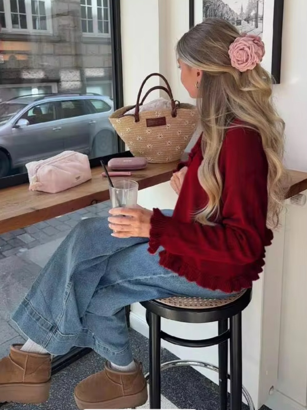 Burgundy Ruffle-Hem Knit Cardigan